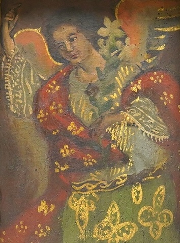 19th century, Retablo oil on board, Study of an angel or saint, 14 x 9cm, housed in an ornate gilt and reverse glass painted frame. Condition - fair